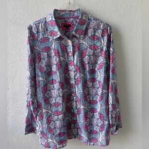 Talbots Pink Blue Medallion Print Long Sleeve Button Up Size L Cotton Office